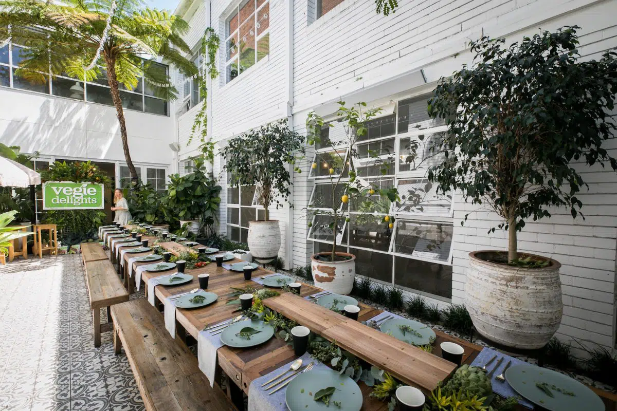Outdoor event styling in the courtyard at La Porte Space