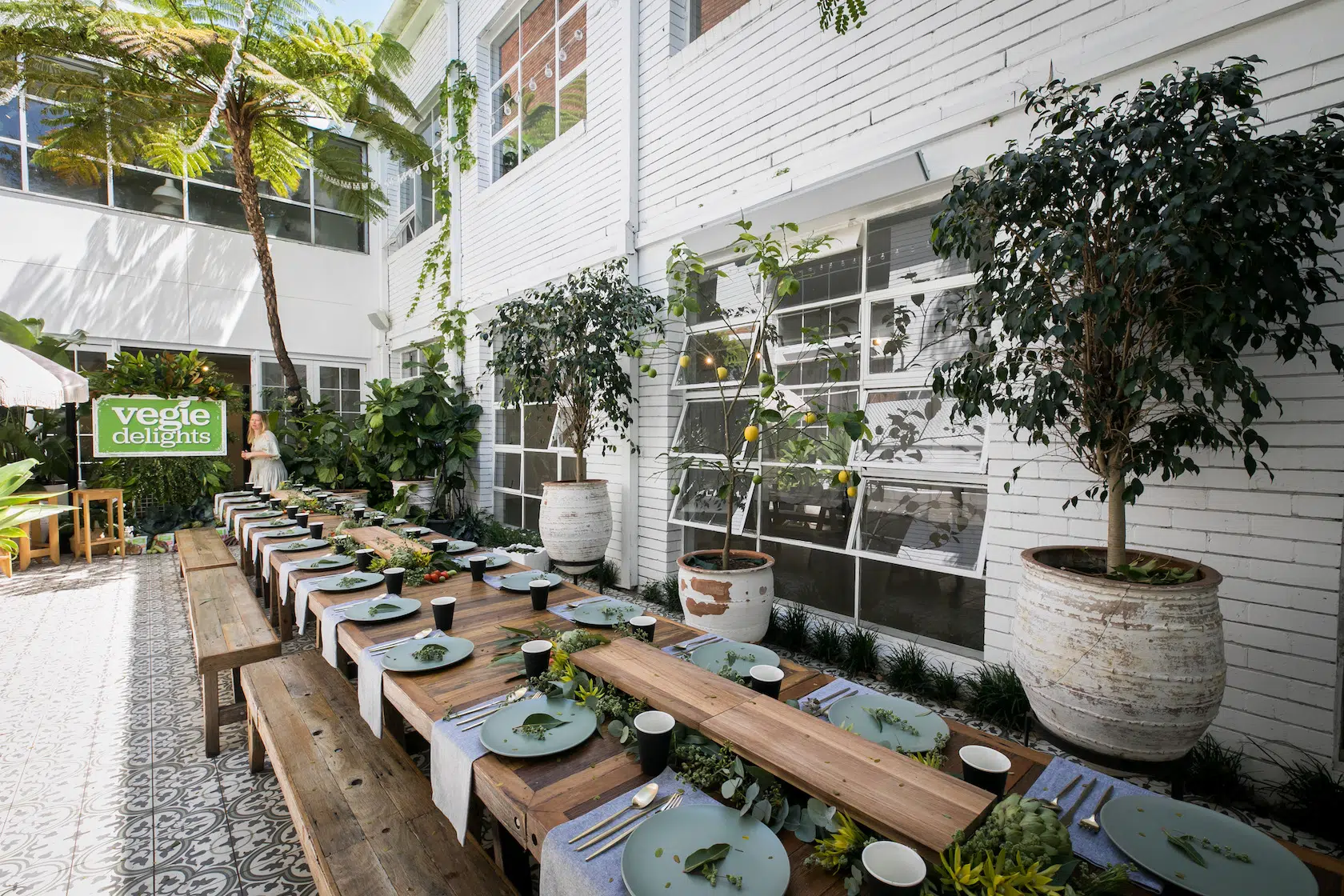 Outdoor event styling in the courtyard at La Porte Space Outdoor event styling in the courtyard at La Porte Space