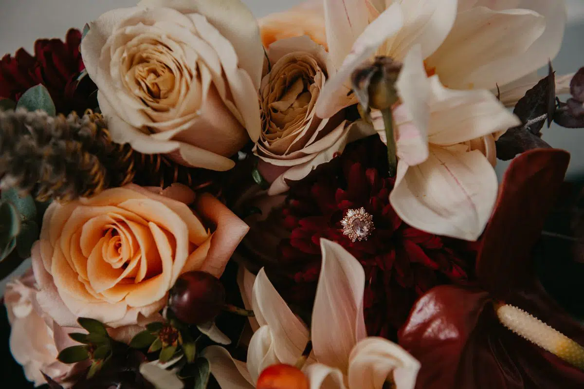 Winter wedding flowers with a rich boho colour palette